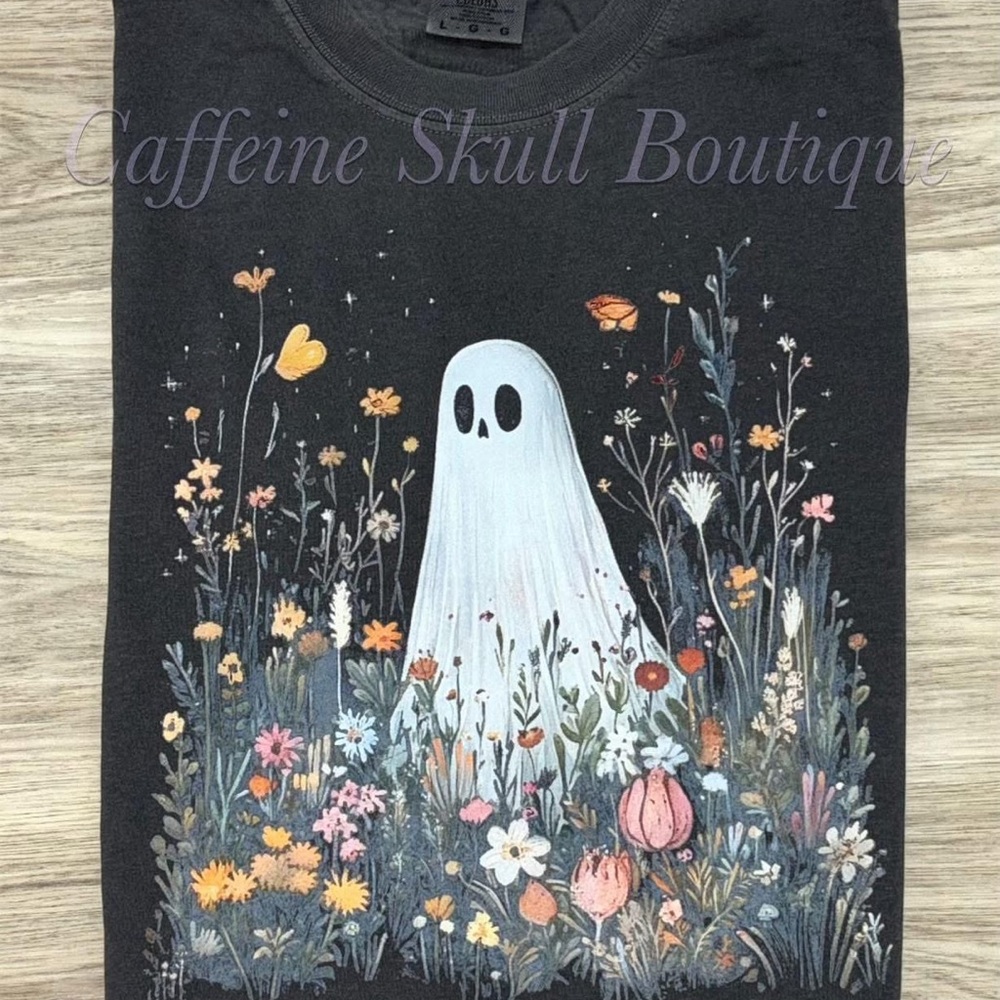 Comfort Colors adult Ghost Garden Tee, spooky floral ghost image